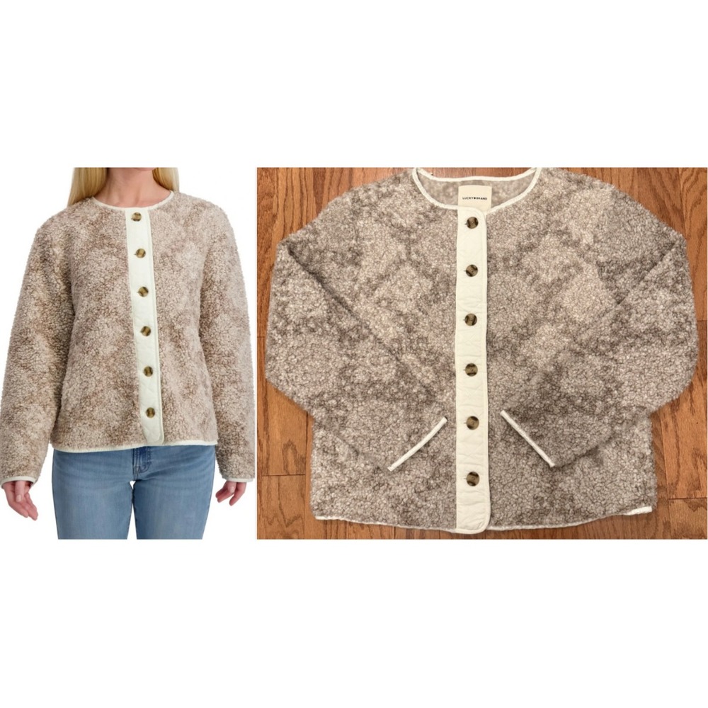 Lucky Brand Size Medium Faux Shearling Jacket NWT Neutral Multi Fleece Snap